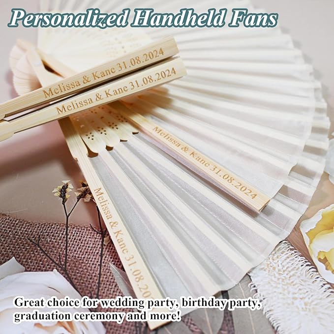 90 Set Personalized Cream Wedding Fans for Guests Bulk, Custom Engraved Summer Wedding Fans, Silk Hand Fans Handheld Folded Fan Baby Shower Favors for Bridal Bridesmaid Gift Church Dancing Party