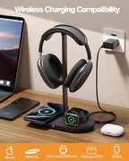HiWe Universal Headphone Stand, Magnetic Wireless Charger for iPhones/AirPods/iWatch, Aluminum Alloy Rod, Leather Pad, ABS Solid Base, Black