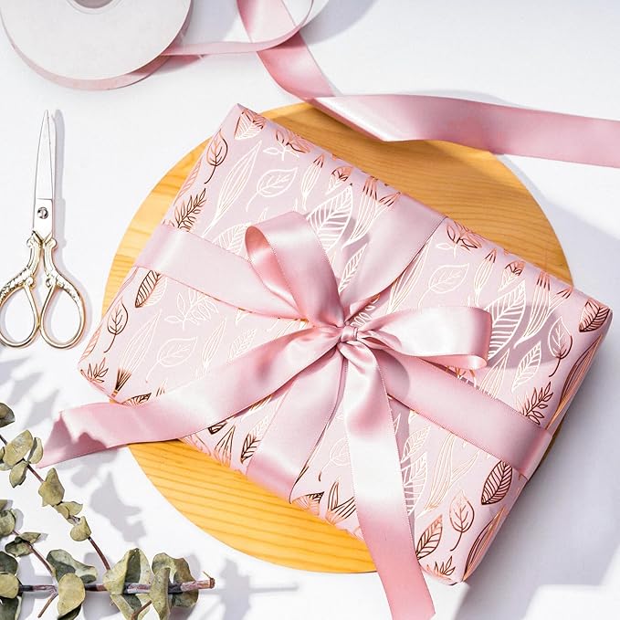 WRAPAHOLIC Pink Wrapping Paper Roll - 17 Inch x 33 Feet - Metallic Rose Gold Leaves Wedding Wrapping Paper for Birthday, Baby Shower, Wedding, Bridal Shower
