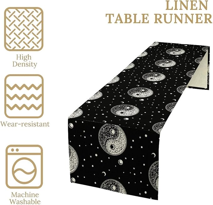 Mystical Celestial Table Runner, Vintage Bohemian Black Yin Yang Symbol Moon Stars Print Table Runner for Office Kitchen Dining Wedding Party Home Coffee Table, 13x36inch