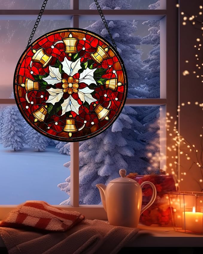 Stained Glass Window Hanging - Golden Bells Flowers Suncatcher for Doors Home Christmas Decoration Winter Sun Catcher Thanksgiving New Year Birthday Gift for Friend Women Men Mom Nana 11.8 in