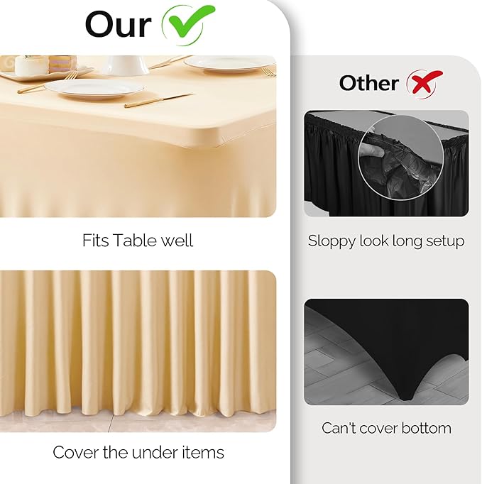 Wish Care 6 Pack Champagne Spandex Table Clothes for 6 Foot Rectangle Tables, 6FT Wrinkle Free Fitted Tablecloths Ruffles Design Table Cover for Party, Banquet, Wedding and Events