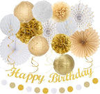 White Champagne Gold Birthday Party-Decorations - 21pcs Happy Birthday Banner,Paper Lanterns,Tissue Pom Poms Flower Fan,Honeycomb Ball,Swirl Streamers Garland Supplies Women Men Decor Huglony