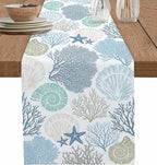 Coastal Coral Cotton Linen Table Runner for Dining Kitchen, Wedding Outdoor Party Tablerunners Decoration, Blue Nautical Starfish Ocean Shell Beach Dresser Scarf Coffee Tablecloth Runners 13''x108''