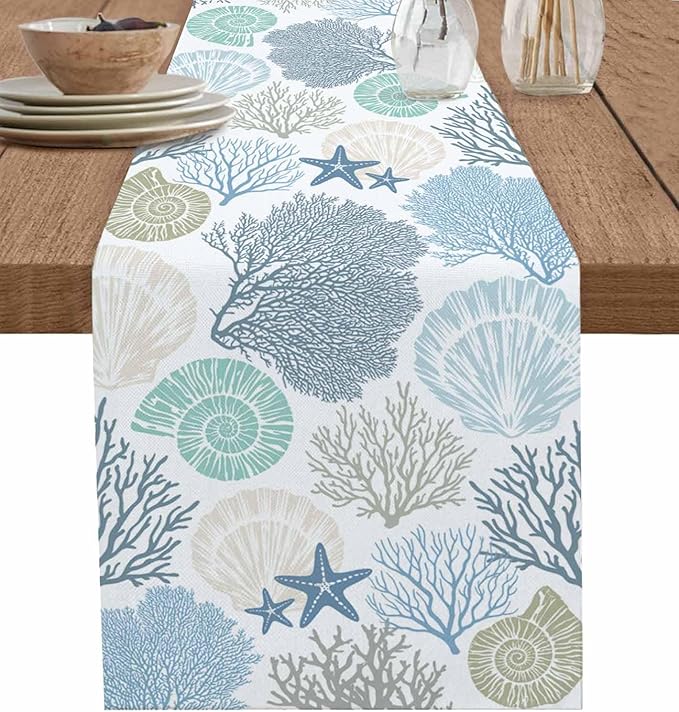 Coastal Coral Cotton Linen Table Runner for Dining Kitchen, Wedding Outdoor Party Tablerunners Decoration, Blue Nautical Starfish Ocean Shell Beach Dresser Scarf Coffee Tablecloth Runners 13x48 Inches
