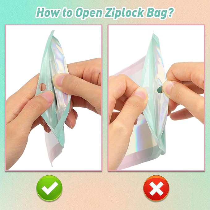 Funfery 100 Pack Gradient Holographic Bags,Mylar Resealable Bags with Zipper,Clear Window Packaging Pouchs,Smell Proof Bag for Food Storage,Sample Jewelry Bag(5.5x7.9In,Green Pink)