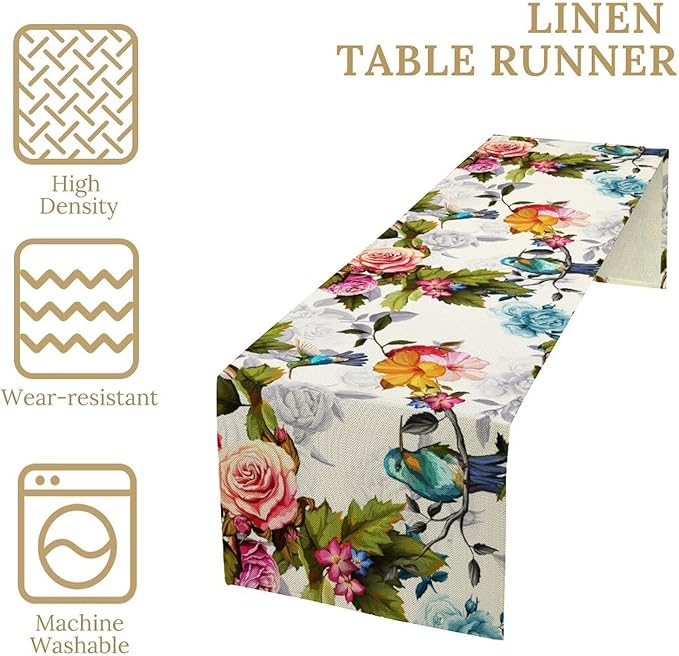 Hummingbird Table Runner,Vintage Floral Country Style Table Cloth Home Kitchen Restaurant Party Decoration 13x60 Inch