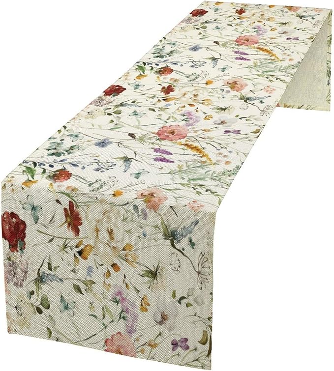 Floral Butterfly Table Runner,Rustic Colorful Flower Botanical Watercolor Pattern Print Burlap for Hotel Indoors Outdoor Dining Room Kitchen Holiday Party, 13x108in