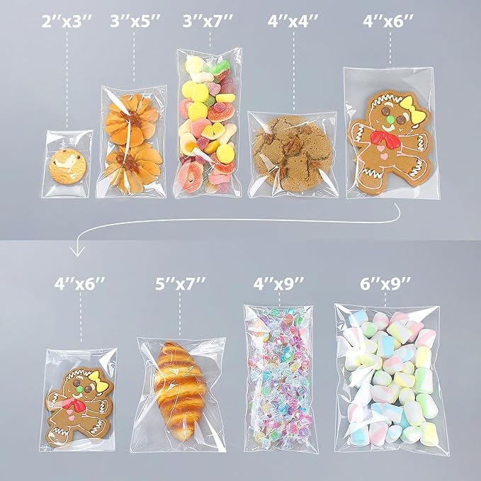 PigPotParty 4"x9" Cellophane Cookie Bags Self Sealing, 200 Pcs Clear Plastic Treat Individual Cookie Bags with seal, Perfect for Goodies, Party Favors, Snacks, Gift Wrapping