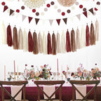 Brown Burgundy Champagne Dusty-Pink Party-Decorations - 33pcs Banner,Streamers Tassel Garland,Fall Boho Baby Shower,Wedding Tissue Pom Poms Honeycomb,Paper Lantern Fan,Birthday,Engagement Hugtmr