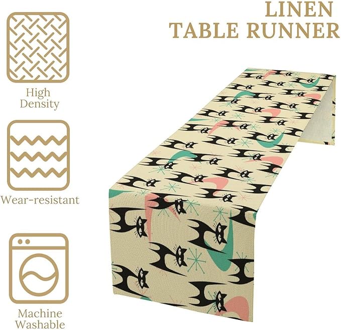 Mid Century Table Runner,Cat Geometric Stripe Colorful Abstract Pattern Print Tablecloth Burlap for Hotel Indoors Outdoor Dining Room Kitchen Holiday Party, 13x80in