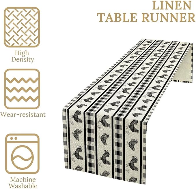 Rooster Table Runner,Farmhouse Animal Vintage Chicken Black White Plaid Check Tablecloth Burlap for Hotel Indoors Outdoor Dining Room Kitchen Home Decor,W13X L108 in
