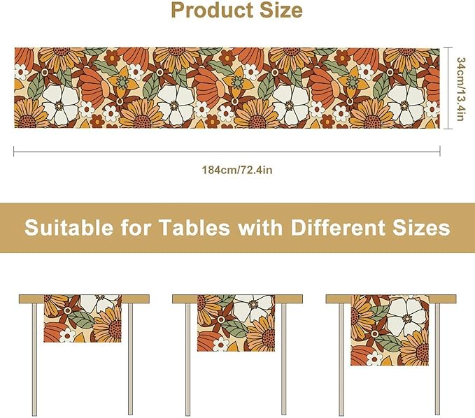 Vintage Floral Table Runner,Boho 70s Style Retro Flower Table Cloth Kitchen Dining Table Home Party Decoration 13x60 Inch