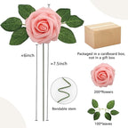 200PCS Artificial Flowers Pink Roses Real Looking Foam Fake Roses with Leaves for DIY Wedding Bouquets Bridal Shower Party Decorations (Pink, 200)