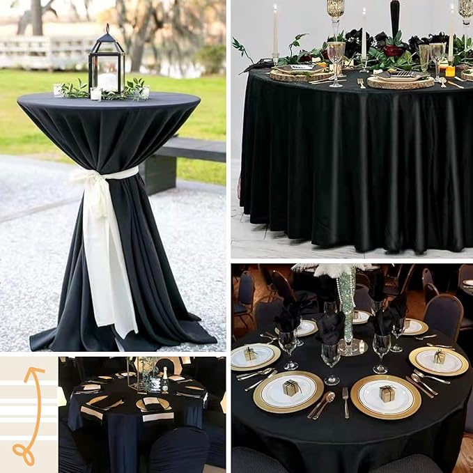 fani 12 Pack 108 Inch Black Satin Tablecloth - Premium Bright Silky Round Tablecloth Overlay Smooth Fabric Table Cover, Table Decoration for Wedding Party Banquet Events Restaurant Kitchen Dining