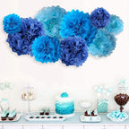 Blue Paper Flower Pom Poms Wall Decorations for Baby Showers, Weddings, Birthdays, Bridal, Tea Parties, Engagement, Home Decor