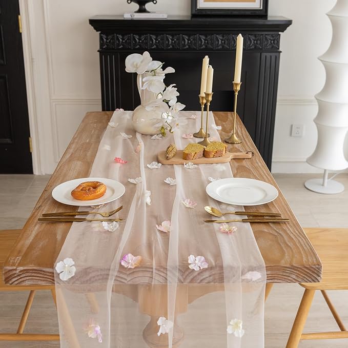 Romantic Artificial Floral Table Runner 10ft Gauze Tulle Lace Table Runner Set for Wedding Baby Shower Bridal Shower Holiday Kitchen Dining Table Decoration for Home Party Special Occasion (2Pcs)