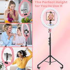 22" Foldable Ring Light with Stand for iPhone ipad, 75" Tripod with Wheels 50W 6500K LED Display/2 USB Ports Large Ringlight Rolling, Tattoo Barber Makeup Studio Video Photography Lighting(Pink)