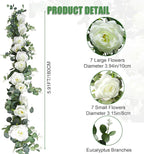 6FT Artificial Eucalyptus Garland with 14 Fake White Rose Flowers - Floral Greenery Decoration Vine for Wedding Centerpieces, Table Runner, Backdrop, Arch Wall Decor,Indoor/Outdoor (2 PCS)