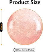Rubtlamp 100 Pcs Pink And Gold Plastic Plates - 10 inch Clear Pink Gold Dinner Plates - Hammer Pattern Design - Fancy Disposable Plates - Heavy-Duty Party Plates Ideal for Mother's Day