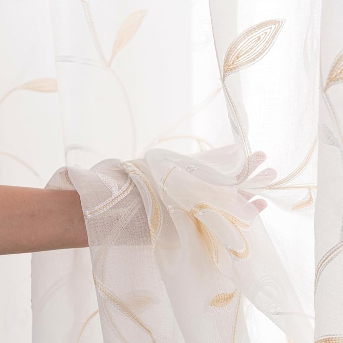 VISIONTEX Sheer Voile Curtain Valances, Decorative Leaves Embroidered, Rod Pocket Window Treatment for Kitchen/Rustic Bedroom/Living Room (54 x 16 Inch,1 Panel)