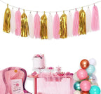Paper Tassel Garland Banner - Tissue Paper Tassels for Bridal Shower, Wedding, Baby Shower, Birthday Decorations (Metallic Gold+Pink+White), 15 PCS