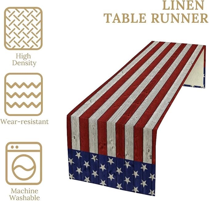 American Flag Table Runner, 4th of July USA Rustic Vintage Wooden Blue Red Stars Stripes Print Table Runner for Farmhouse Kitchen Dining Table Decor, 13x36inch