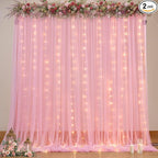 Sheer Backdrop Curtains with Lights String for Weddings Baby Showers, 10x8ft Sheer Tulle Photo Backdrop Curtains for Birthday Party Photography Background Decoration, Pink