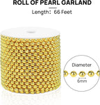 Craft String Pearls 6MM Pearl Bead, 66 Feet Gold Faux Pearl Garland Spool Roll Strand Wedding Party Decoration, Christmas Tree Decorations