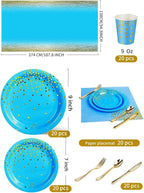 141 Pieces Sky Blue Gold Party Supplies, Party Dinnerware Sets Include Paper Plates Napkins Cups Silverware, for Wedding Bridal Shower Engagement Birthday Parties Decoration -20 Serves