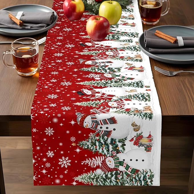 Christmas Snowman Cotton Linen Table Runner for Dining Kitchen, Xmas Tree White Snowflakes Winter Wedding Outdoor Party Tablerunners Decoration, Dresser Scarf Coffee Tablecloth Runners 13x90 Inches