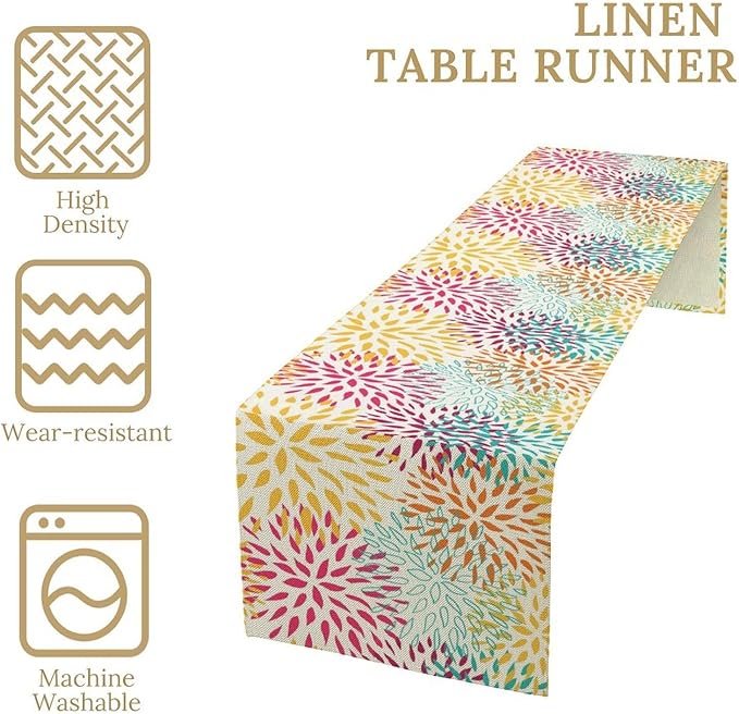 Abstract Flowers Table Runner, Chrysanthemum Dahlia Vintage Modern Colorful Spring Summer Elegant Table Runner for Party Kitchen Dining Living Room Laundry Room Decor, 13x108 Inch