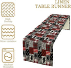 Rustic Farm Table Runner,Vintage Woodland Deer Bear Animal Buffalo Plaid Print Tablecloth Burlap for Hotel Indoors Outdoor Dining Room Kitchen Home Decor,W13X L90 in