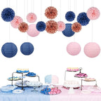 Rose-Gold Navy-Blue Pink Party Decorations - 18pcs Gender Reveal Decor,Tissue Pom Poms Event Supplies,Paper Flowers,Paper Lanterns,Baby Shower decoration,Birthday,Engagement,Bachelorette,Wedding