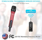 Rechargeable Wireless Microphone, Pro Handheld Cordless Mics System Dynamic with Echo Treble BASS VOL Control for Karaoke Singing Church Party, 1/4'' Output, D240, Red