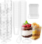 300 Packs Dessert Cups with Spoons, 5 OZ Mini Clear Plastic Disposable Parfait Cups, Small Serving Bowl for fruit ice cream pudding, Square Dessert Shot Glasses Round Goblets for Fall party