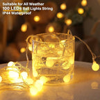 33Feet 100 LEDs Globe String Lights, 8 Modes USB Ball String Lights with Remote for Indoor/Outdoor Commercial Decor, Gardens, Patio, Wedding, Party, Bedrooms, Christmas Decorations, Warm White