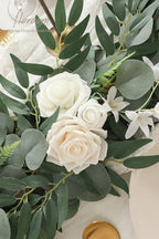 Floroom 6ft Artificial Eucalyptus Garland with Flowers Fake Greenery Faux Floral Vine Garland for Table Decor Wedding Centerpieces Bridal Shower Party Decorations, Ivory White