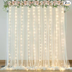 Ivory Sheer Backdrop Curtains with Lights String for Parites Wedding 10×8ft Tulle Backdrop Curtains for Baby Shower Birthday Party Photo Shoot Background Decorations
