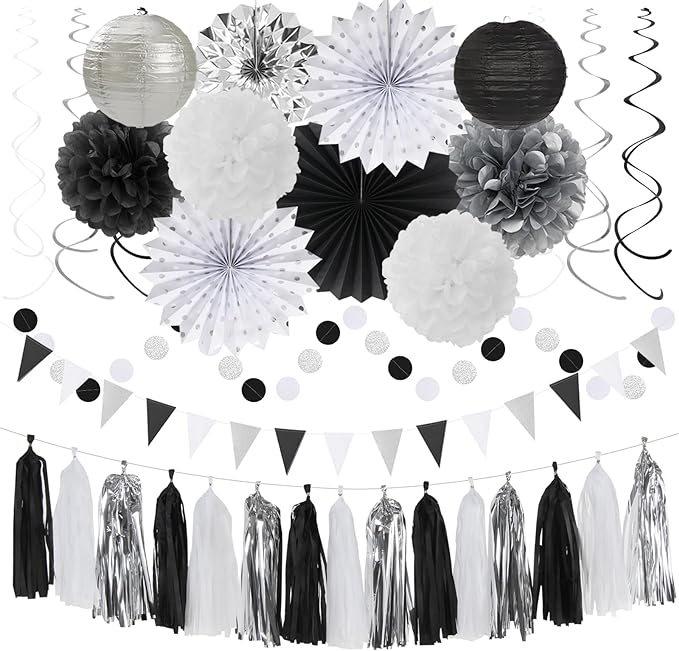 Black White-Silver Party-Decorations - 33pcs Kits Banner,Graduation Streamer Tassel Garland,Tissue Pom Poms Honeycomb,Paper Lantern Fans,Birthday Wedding Baby Bridal Shower New Years Decor Hugtmr