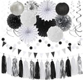 Black White-Silver Party-Decorations - 33pcs Kits Banner,Graduation Streamer Tassel Garland,Tissue Pom Poms Honeycomb,Paper Lantern Fans,Birthday Wedding Baby Bridal Shower New Years Decor Hugtmr