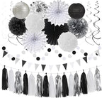 Black White-Silver Party-Decorations - 33pcs Kits Banner,Graduation Streamer Tassel Garland,Tissue Pom Poms Honeycomb,Paper Lantern Fans,Birthday Wedding Baby Bridal Shower New Years Decor Hugtmr