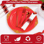 400PCS Pre Rolled Red Plastic Silverware Sets - Heavy Duty Red Cutlery - Include 100 Pack Wrapped Disposable Utensils with Napkins for Christmas Parties & Dinners & Weddings