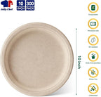 JOLLY CHEF Compostable Heavy Duty Plates 𝟭𝟬 𝗜𝗻𝗰𝗵 [𝟯𝟬𝟬 𝗣𝗮𝗰𝗸] Eco-Friendly Disposable Paper Plates Made of Bagasse Biodegradable Bulk for Party Dinner Sugarcane Fibers Round (Natural)