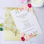 Hosmsua 50PCS Champagne Gold Wedding Invitations Kit 5 x 7.3 Inch Laser Cut Hollow Rose Rhinestone Pocket with Envelope for Wedding Bridal Shower Invite (Champagne Gold Glitter)