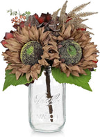 Silk Sunflowers Artificial Flowers with Mason Jar Centerpiece for Table Brown Fall Flowers in Vase Small Fall Floral Arrangement with Vase Thanksgiving Centerpiece for Dining Room Table Autumn Decor