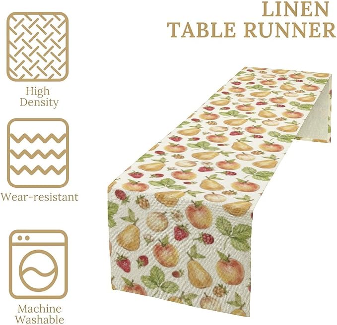 Vintage Spring Summer Fruit Table Runner Watercolor Pear Strawberry Leaves Dinner Runner for Farmhouse Party Holiday Home Kitchen Dining Table Decor 13x36