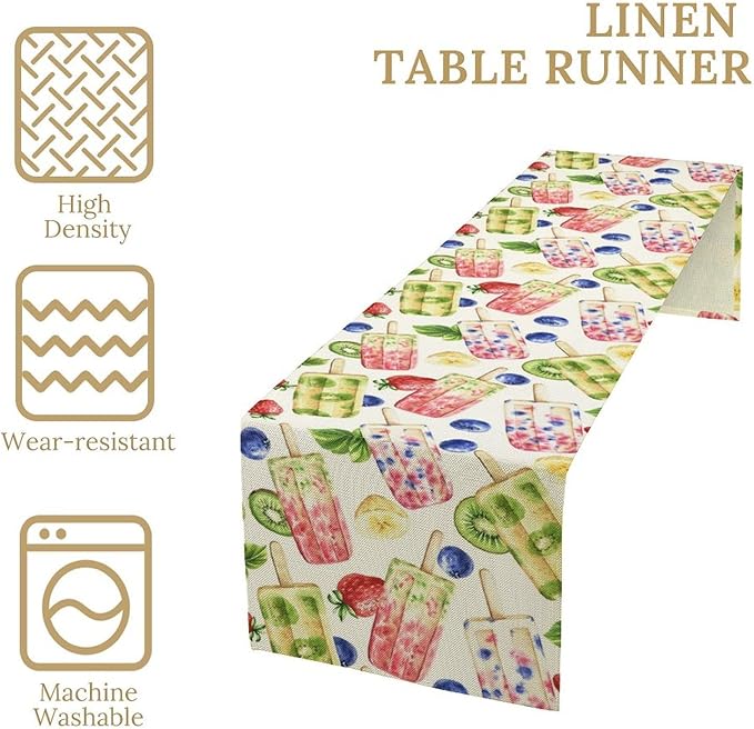 Ice Cream Table Runner, Watercolor Fruit Ice Popsicles Berry Kiwi Cold Summer Desserts Seasonal Dinner Runner for Party Holiday Home Kitchen Dining Table Decor 13"x36"