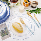 Liacere 150PCS Clear and Blue Plastic Plates-Clear and Blue Disposable Plates with Glitter Bamboo Handle Cutlery-60 Baroque Elegant Plates, 30 Forks, 30 Spoons, 30 Knives for Wedding＆Back to School