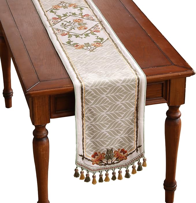 patdrea Designer Elegant French Floral Velvet Table Runner 102 Inch Long,Green with Orange Blossoms Pattern Table Mat, Decor for Kitchen Dining Coffee Table Cabinet Banquet Thanksgiving,12"*102"